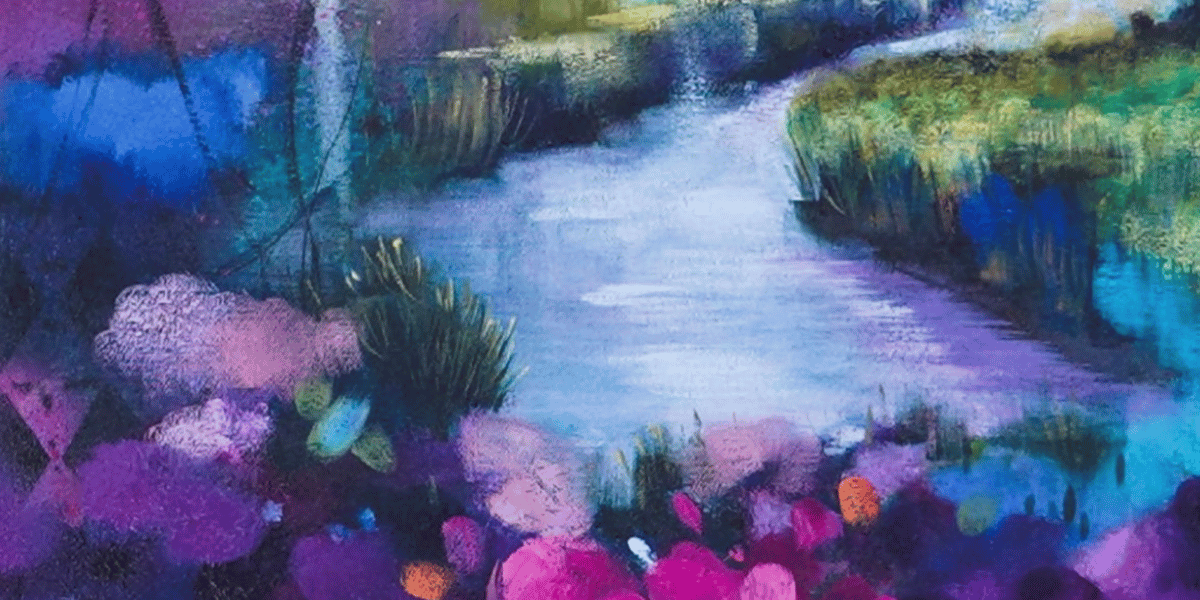 Beautiful landscape painting with purple paint