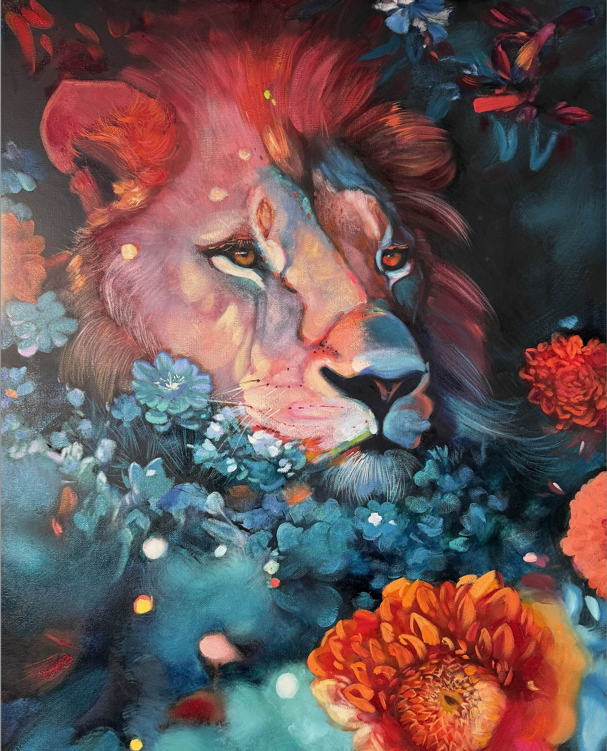 Painting of lion in red surounded by teal flowers